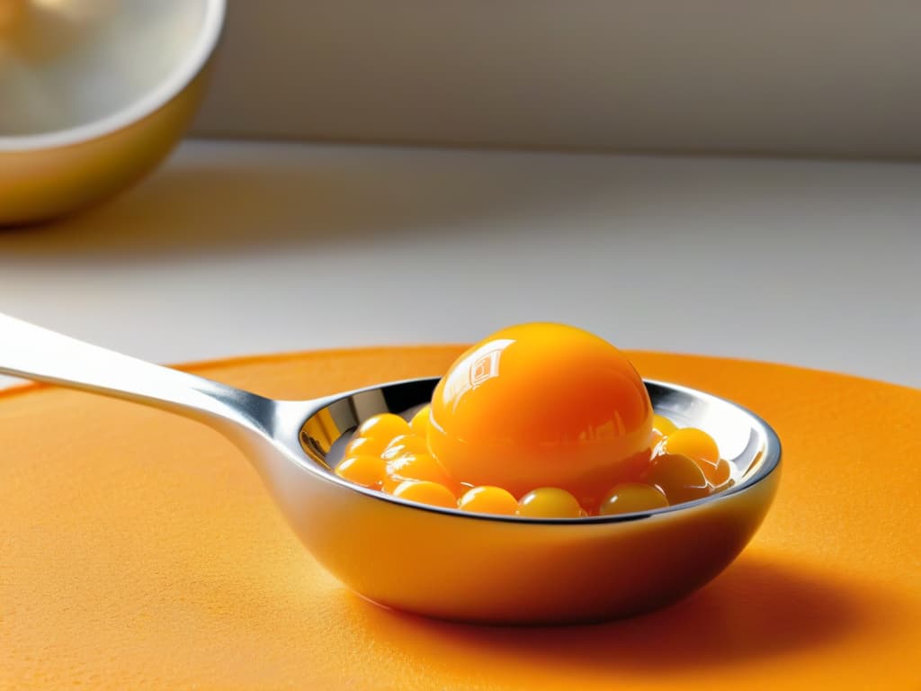  A closeup, ultradetailed image of a perfectly spherical mango caviar resting on a spoon, showcasing the vibrant orange color and glossy texture of the spherical droplets. The light delicately reflects off the individual spheres, highlighting their smooth surface and the intricate details of the molecular gastronomy technique. hyperrealistic, full body, detailed clothing, highly detailed, cinematic lighting, stunningly beautiful, intricate, sharp focus, f/1. 8, 85mm, (centered image composition), (professionally color graded), ((bright soft diffused light)), volumetric fog, trending on instagram, trending on tumblr, HDR 4K, 8K