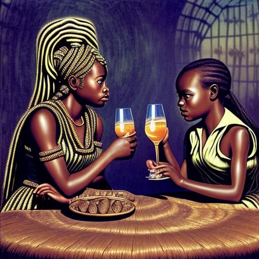  Alice and a African girl having a drink at a wild drinking party, stable diffusion, absolute reality v1.6, in the style of hr giger