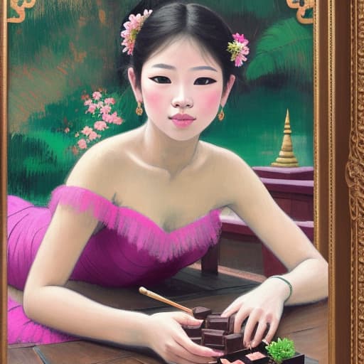  Attractive Beautiful young Thai reclining with moist pink open lips. Forground is plates of fine dark chocolates. Background is a Thai palace. Painting style of Edgar Degas