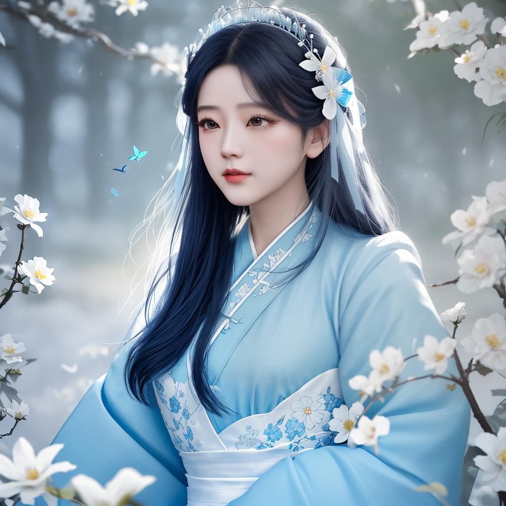  masterpiece, best quality, (Fidelity: 1.4), Best Quality, Masterpiece, Ultra High Resolution, Poster, Fantasy Art, Very Detailed Faces, 8k resolution, Chinese Style, An woman, Side Face, Quiet, Light Blue Hanfu, Tulle Coat, Long Black Hair, Light Blue Fringed Hair Ornament, Hairpin, White Ribbon, White Flower Bush, Light Blue Butterfly Flying, cinematic lighting effects