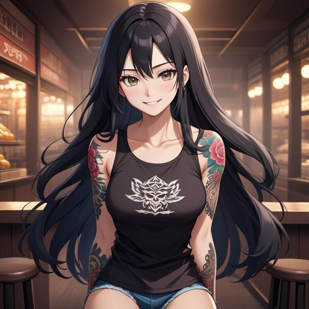  (ANIME:1.2), asian woman, age 18, smiling face, gray eyes, straight long black hair, muscular body, large , huge , Has tattoo, сlothes, 4k higly detailed, after face, flirting with the camera, ((full body)), ((full length)), after face, flirting with the camera