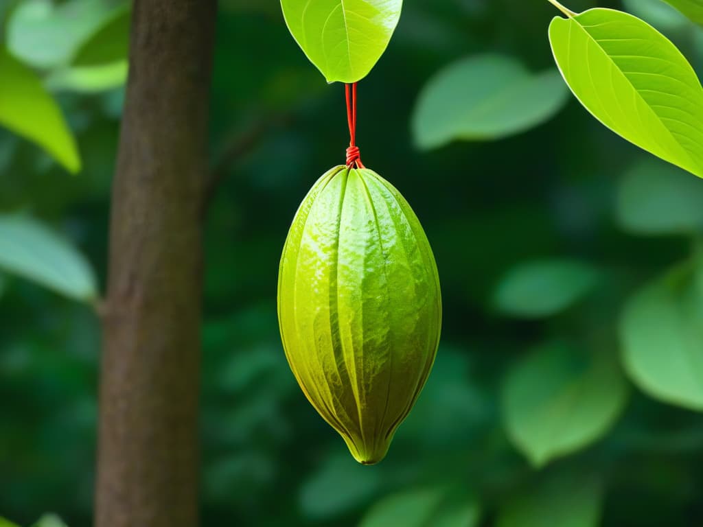  A closeup, highresolution image of a single cacao pod hanging from a tree, showcasing the intricate details of its textured surface and vibrant green color. The focus is on the natural beauty and simplicity of the cacao pod, embodying the essence of sustainability in the chocolate industry. hyperrealistic, full body, detailed clothing, highly detailed, cinematic lighting, stunningly beautiful, intricate, sharp focus, f/1. 8, 85mm, (centered image composition), (professionally color graded), ((bright soft diffused light)), volumetric fog, trending on instagram, trending on tumblr, HDR 4K, 8K