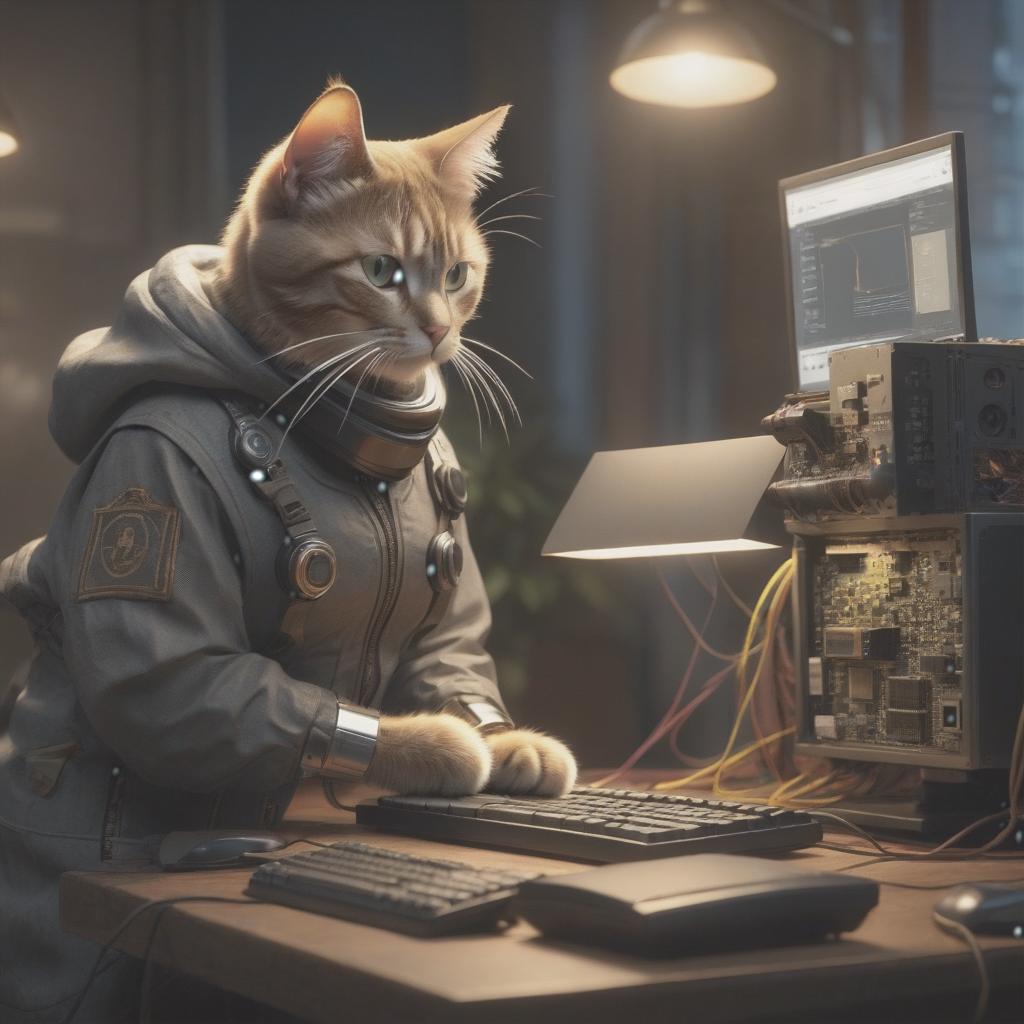  A cat wearing clothing is fixing a computer. hyperrealistic, full body, detailed clothing, highly detailed, cinematic lighting, stunningly beautiful, intricate, sharp focus, f/1. 8, 85mm, (centered image composition), (professionally color graded), ((bright soft diffused light)), volumetric fog, trending on instagram, trending on tumblr, HDR 4K, 8K