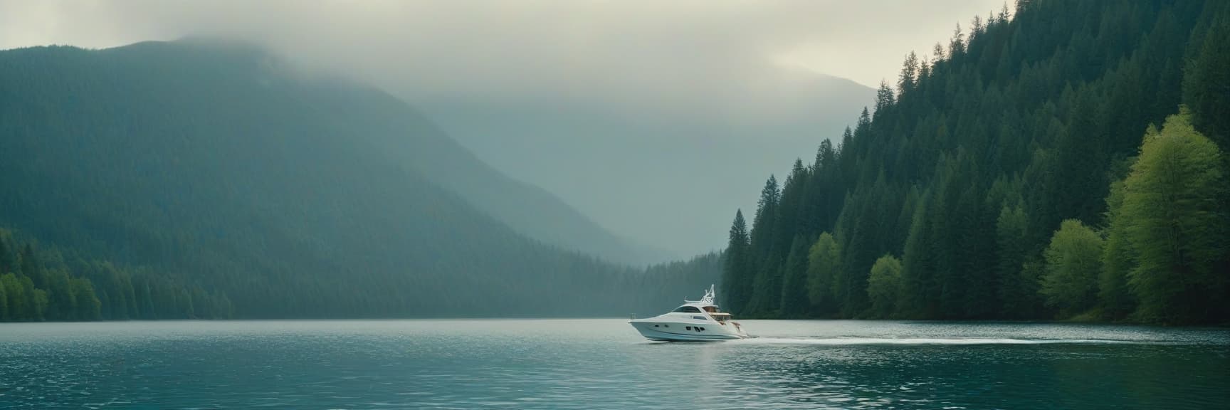  cinematic film still on the right in the center there is a beautiful modern white boat, on the left there is water, in the background there is a forest and small mountains . shallow depth of field, vignette, highly detailed, high budget, bokeh, cinemascope, moody, epic, gorgeous, film grain, grainy hyperrealistic, full body, detailed clothing, highly detailed, cinematic lighting, stunningly beautiful, intricate, sharp focus, f/1. 8, 85mm, (centered image composition), (professionally color graded), ((bright soft diffused light)), volumetric fog, trending on instagram, trending on tumblr, HDR 4K, 8K