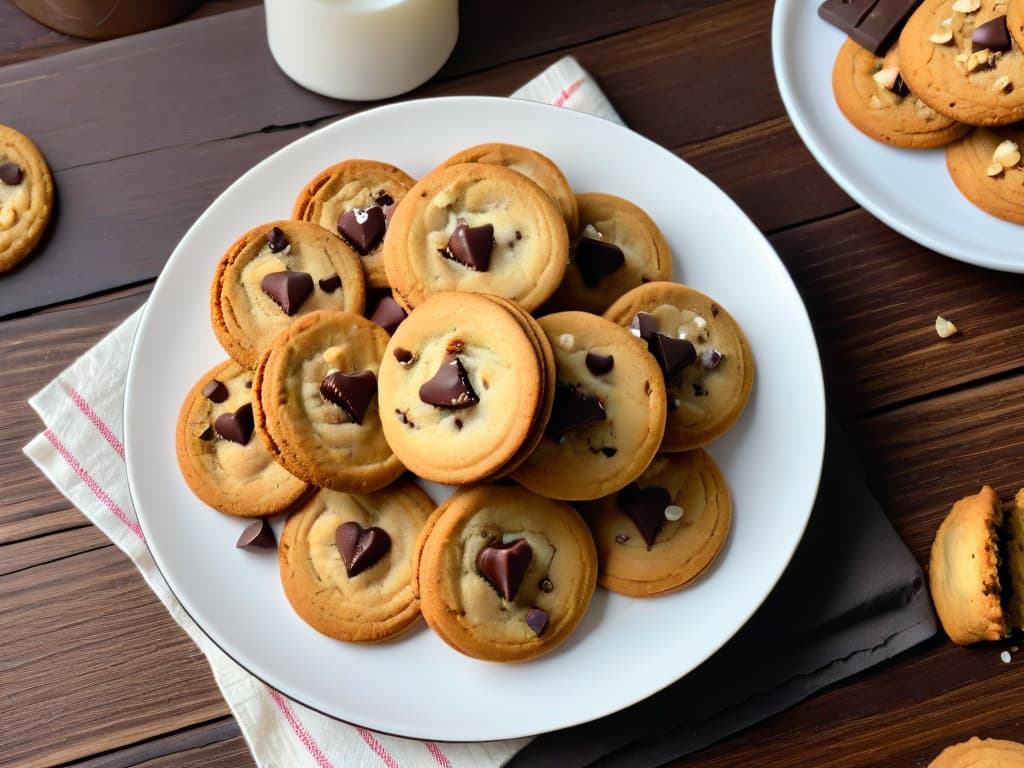  A closeup shot of a beautifully arranged plate of freshly baked keto cookies, sprinkled with crushed nuts and sugarfree chocolate chips, set against a rustic wooden backdrop. The cookies are golden brown, perfectly round, and exude a tempting aroma, with a subtle wisp of steam rising from them. The lighting captures the intricate textures of the cookies, highlighting their crispy edges and soft, chewy centers, inviting the viewer to reach out and grab one. hyperrealistic, full body, detailed clothing, highly detailed, cinematic lighting, stunningly beautiful, intricate, sharp focus, f/1. 8, 85mm, (centered image composition), (professionally color graded), ((bright soft diffused light)), volumetric fog, trending on instagram, trending on tumblr, HDR 4K, 8K