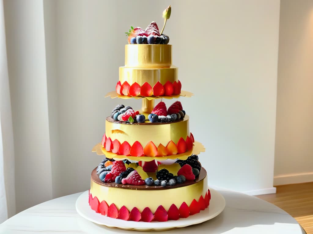  An extravagant dessert tower featuring alternating layers of delicate sponge cake, rich chocolate mousse, and glossy raspberry coulis, topped with edible gold leaf, fresh berries, and delicate sugar flowers. The layers are perfectly symmetrical, showcasing the precision and skill required to create such a masterpiece. The dessert tower is displayed on a sleek marble platter, with soft lighting that enhances the shimmering gold accents and vibrant colors of the fruits. hyperrealistic, full body, detailed clothing, highly detailed, cinematic lighting, stunningly beautiful, intricate, sharp focus, f/1. 8, 85mm, (centered image composition), (professionally color graded), ((bright soft diffused light)), volumetric fog, trending on instagram, trending on tumblr, HDR 4K, 8K