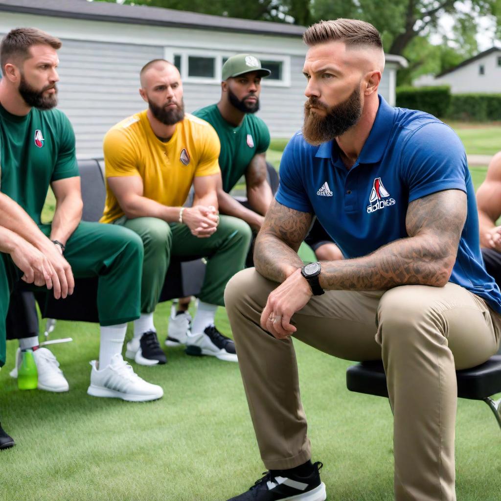  A recovery coach, a white male approximately 5'7" tall and weighing around 160 pounds with brown side-parted fade cut hair and closely cropped facial hair, blue-grey eyes, is facilitating a group about Step 3 of Alcoholics Anonymous (AA). He is the only one wearing khakis paired with Damian Lillard 3 Adidas basketball shoes and a green polo shirt. The room has blue walls with chairs lining them, all black leather padded chairs. There's a large canvas on one wall displaying the 12 steps of AA, and about ten feet away on another wall, there is a canvas of the twelve traditions. There are windows recessed in the back corners of the room. In this group, there are about 20 patients over 40 years of age, all fresh in their recovery, ranging from hyperrealistic, full body, detailed clothing, highly detailed, cinematic lighting, stunningly beautiful, intricate, sharp focus, f/1. 8, 85mm, (centered image composition), (professionally color graded), ((bright soft diffused light)), volumetric fog, trending on instagram, trending on tumblr, HDR 4K, 8K