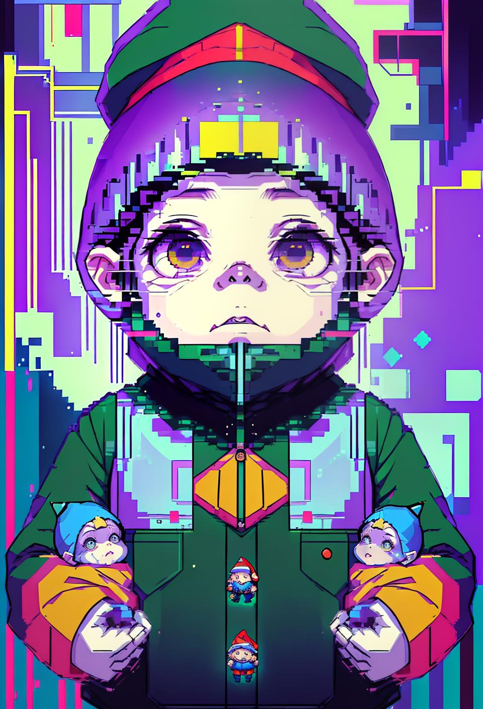  (((orderly, portrait in the style of glitch art, infant half-gnome of order))), ((solo, monster, horror, trending, highres, masterpiece, cinematic shot))
