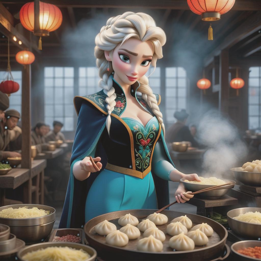  "Elsa from The Cold Heart, makes dumplings." hyperrealistic, full body, detailed clothing, highly detailed, cinematic lighting, stunningly beautiful, intricate, sharp focus, f/1. 8, 85mm, (centered image composition), (professionally color graded), ((bright soft diffused light)), volumetric fog, trending on instagram, trending on tumblr, HDR 4K, 8K