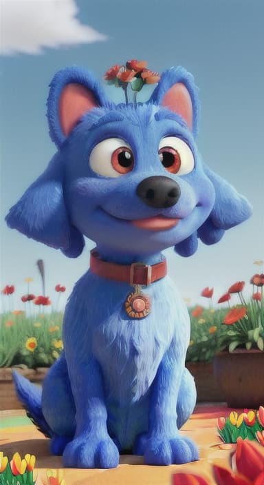  {The red ball nestled in a bed of colorful flowers like daisies and tulips, The big blue dog is large with sky blue fur, big round eyes, a black nose, and floppy ears.