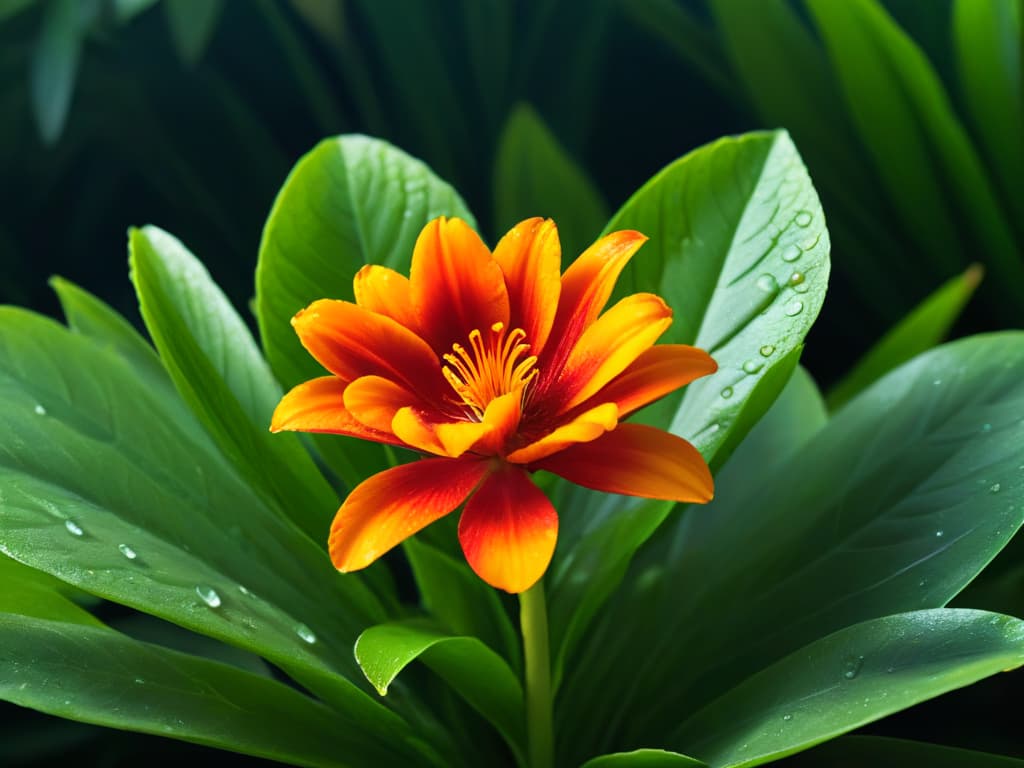  A closeup, ultradetailed image of a delicate and intricate golden saffron flower, showcasing its vibrant red stigmas against the deep green leaves, with dew drops glistening on the petals, capturing the essence of this exquisite and rare spice that elevates pastry creations. hyperrealistic, full body, detailed clothing, highly detailed, cinematic lighting, stunningly beautiful, intricate, sharp focus, f/1. 8, 85mm, (centered image composition), (professionally color graded), ((bright soft diffused light)), volumetric fog, trending on instagram, trending on tumblr, HDR 4K, 8K