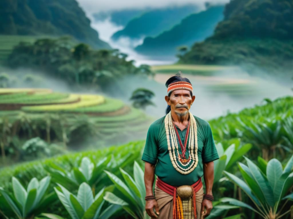 An ultradetailed image of an indigenous farmer from the Amazon rainforest, standing amidst a lush green field, surrounded by diverse crops like yuca, plantains, and colorful indigenous medicinal plants. The farmer is wearing traditional clothing adorned with intricate patterns and is engaged in sustainable agricultural practices like permaculture and crop rotation. In the background, a dense tropical forest and a flowing river can be seen, emphasizing the harmonious relationship between the indigenous community and their natural environment. hyperrealistic, full body, detailed clothing, highly detailed, cinematic lighting, stunningly beautiful, intricate, sharp focus, f/1. 8, 85mm, (centered image composition), (professionally color graded), ((bright soft diffused light)), volumetric fog, trending on instagram, trending on tumblr, HDR 4K, 8K