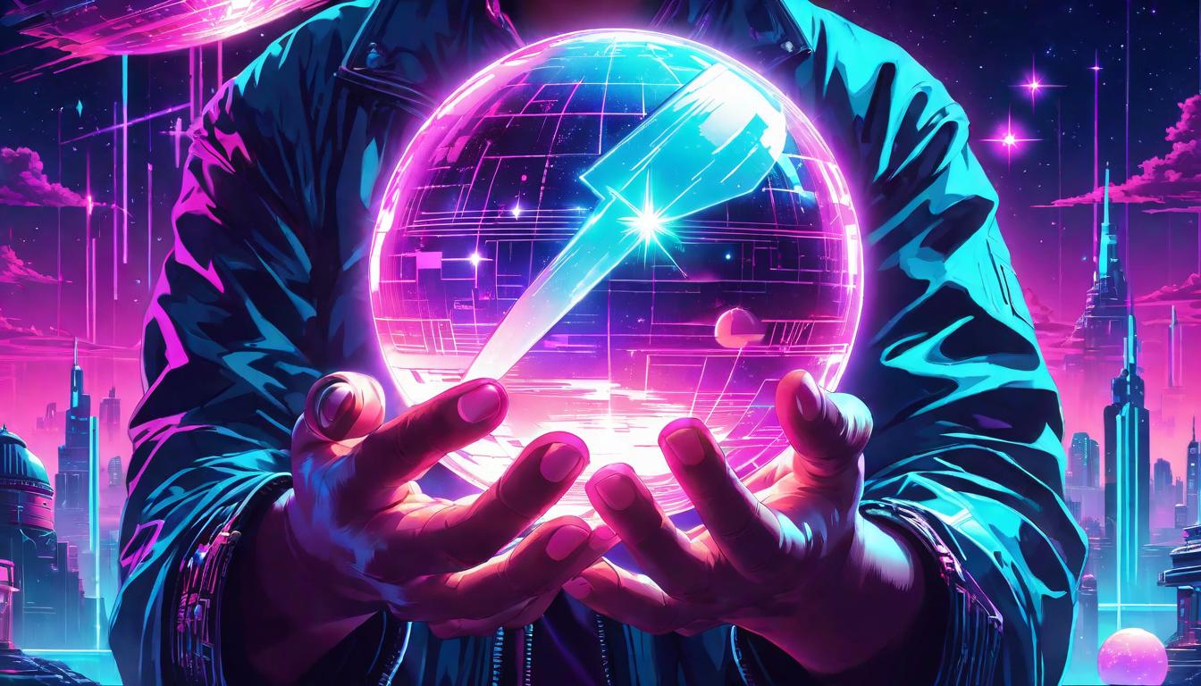  vaporwave,cyberpunk game style hands holding glowing orb, surrounding stars, mystical light, trusteon, dystopian, futuristic, digital, vibrant, detailed, high contrast, reminiscent of cyberpunk genre video games,retro aesthetic, cyberpunk, vibrant, neon colors, vintage 80s and 90s style, highly detailed