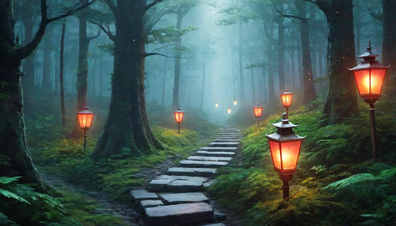  digital illustration, Crossroads in a misty forest, paths marked by glowing lanterns, choice and guidance, seeking alignment with true values, the journey of personal development, tranquil atmosphere, looking at viewer, dynamic pose, (intricate details, masterpiece, best quality)