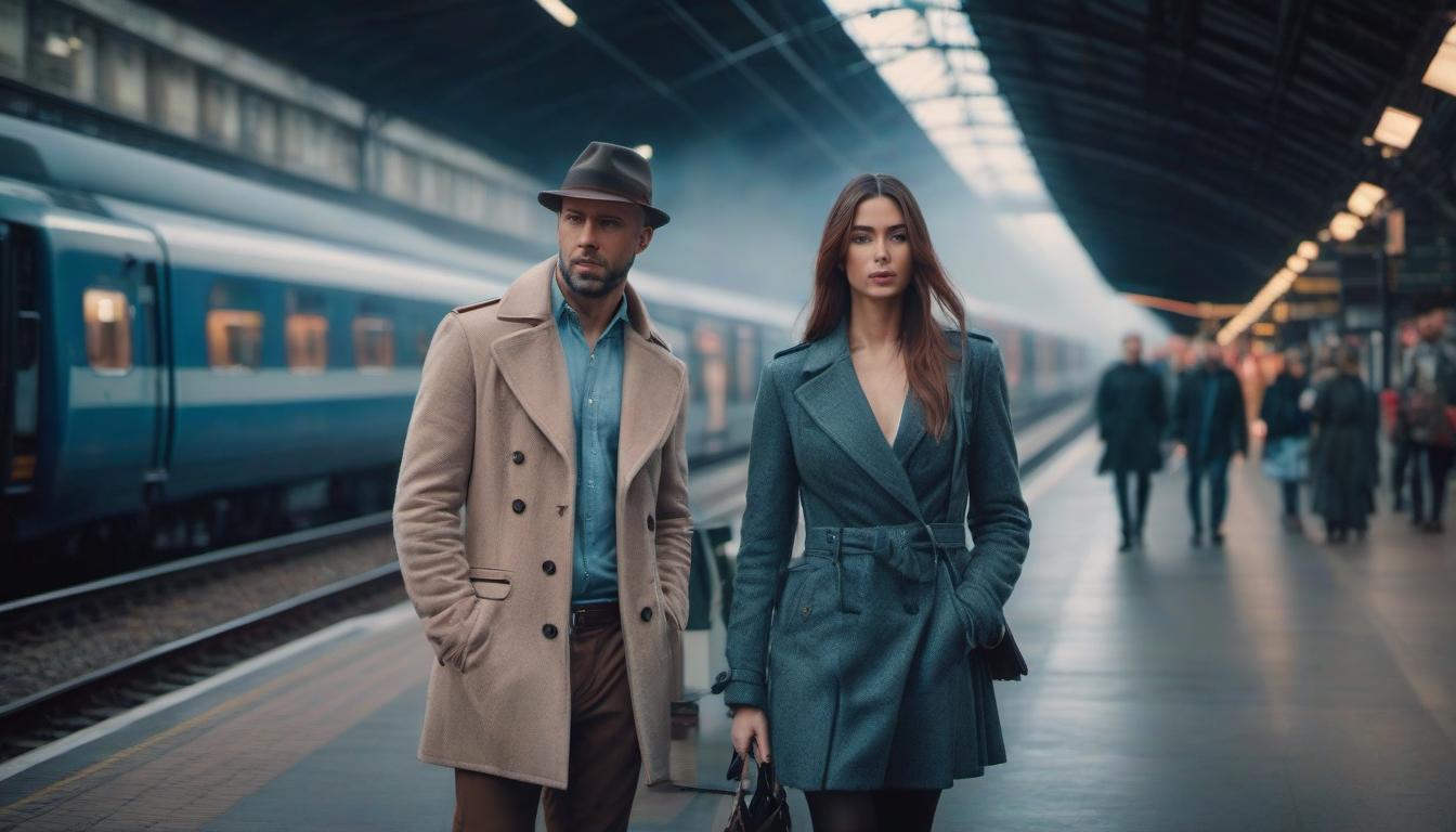  A man and a girl are standing at the railway station. hyperrealistic, full body, detailed clothing, highly detailed, cinematic lighting, stunningly beautiful, intricate, sharp focus, f/1. 8, 85mm, (centered image composition), (professionally color graded), ((bright soft diffused light)), volumetric fog, trending on instagram, trending on tumblr, HDR 4K, 8K