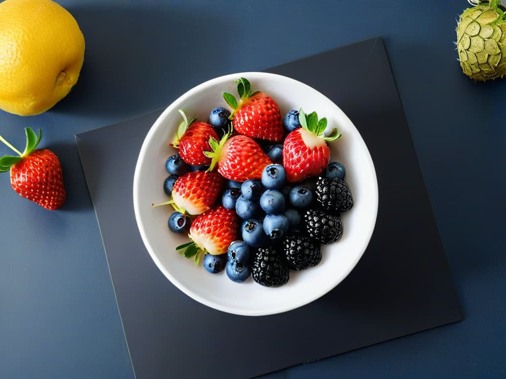  An ultradetailed image of a variety of vibrant, fresh fruits such as strawberries, blueberries, raspberries, and blackberries neatly arranged in a modern, sleek white bowl against a clean, minimalist background. The fruits are perfectly ripe, showcasing their natural colors and textures, making them appear irresistibly fresh and appetizing. Each fruit is meticulously placed to create a visually striking composition that conveys a sense of health, freshness, and sweetness, ideal for enhancing the appeal of diabeticfriendly desserts. hyperrealistic, full body, detailed clothing, highly detailed, cinematic lighting, stunningly beautiful, intricate, sharp focus, f/1. 8, 85mm, (centered image composition), (professionally color graded), ((bright soft diffused light)), volumetric fog, trending on instagram, trending on tumblr, HDR 4K, 8K