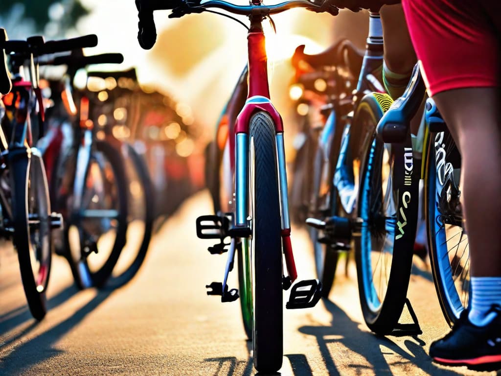  A group of colorful bicycles lined up at the starting line of a cycling event in Cuiabá, with the sun rising in the background, creating a warm and inviting atmosphere. digital art, ilustration hyperrealistic, full body, detailed clothing, highly detailed, cinematic lighting, stunningly beautiful, intricate, sharp focus, f/1. 8, 85mm, (centered image composition), (professionally color graded), ((bright soft diffused light)), volumetric fog, trending on instagram, trending on tumblr, HDR 4K, 8K