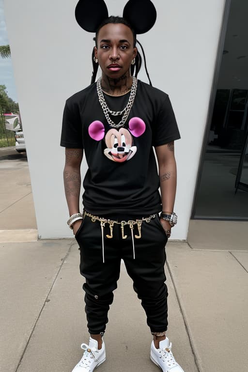  Mickey Mouse with dreads
Amiri pants and shirt Cuban link chain and a AP wrist watch