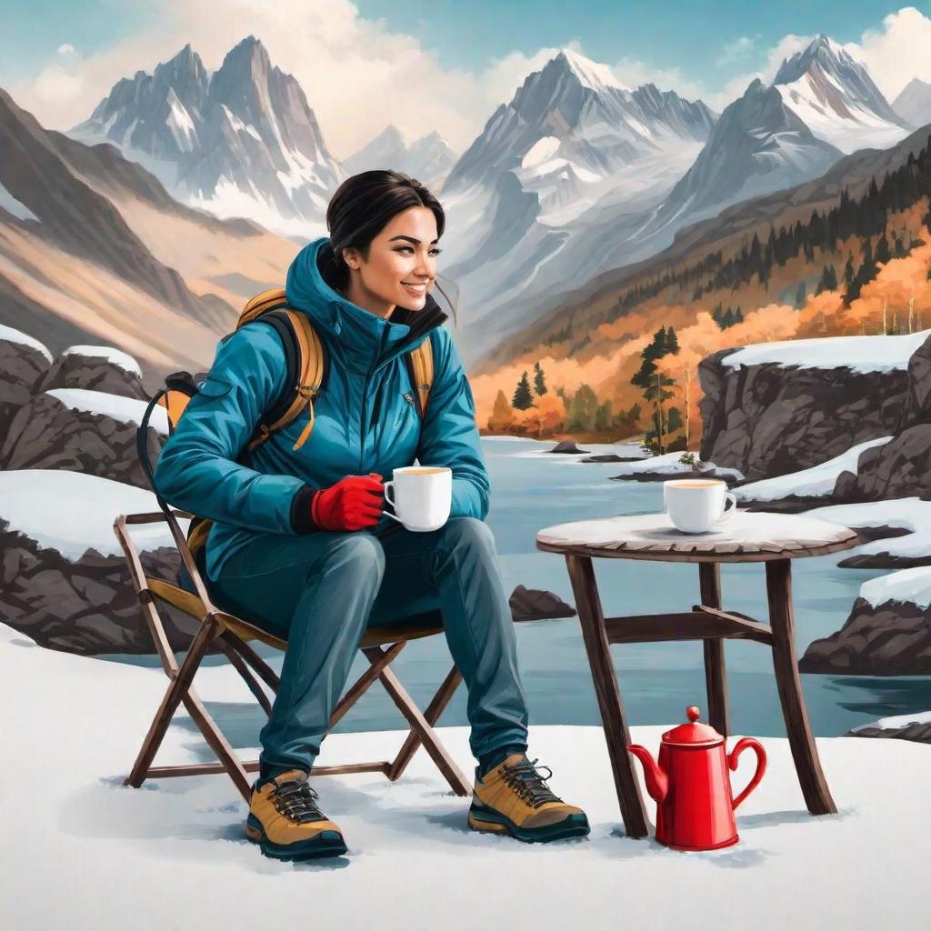  in comic book style, A woman hiker sitting on chair during enjoy cup a tea.