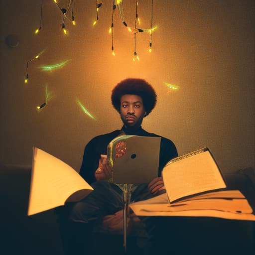 analog style handsome man with afro reading and studying in a  room at night with stars and planets in the sky, fireflies, musical notes, ultrarealistic detailed vivid colors, hd, 4k,