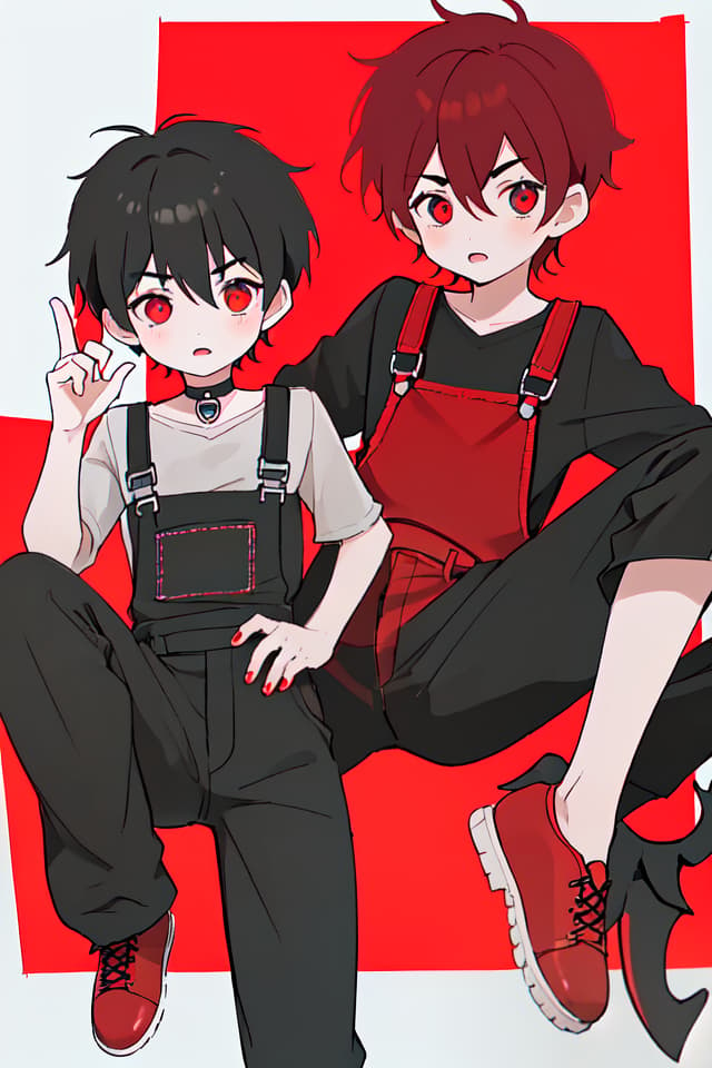  Boys, short haired, devils, dabodabo, red and black overall