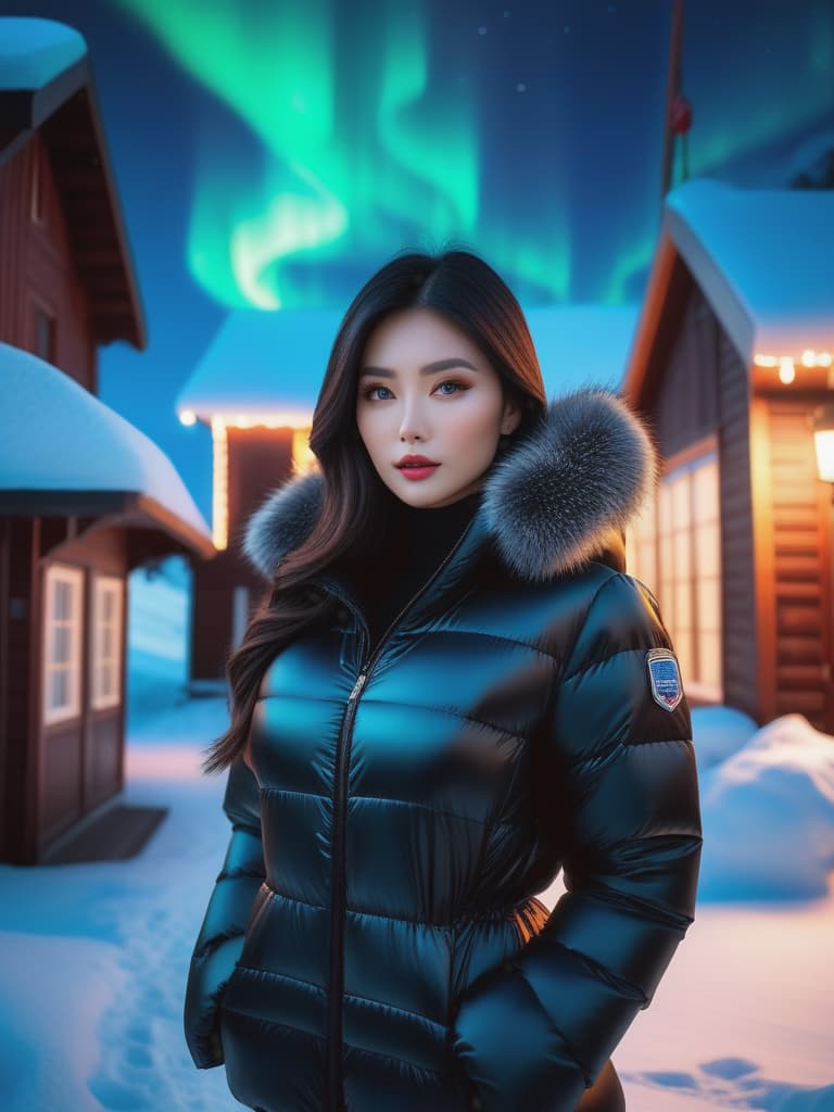  Front view portrait,Young beautiful Asian girl in black lightweight puffer jacket hooded winter coat without logo embroidery,Standing in Sanna Northern Lights In North Pole,black hair, cinematic lighting, stunningly beautiful, intricate, sharp focus, f/1. 8, 85mm, (professionally color graded), ((bright soft diffused light)), volumetric fog, trending on instagram, trending on tumblr, HDR 4K, 8K hyperrealistic, full body, detailed clothing, highly detailed, cinematic lighting, stunningly beautiful, intricate, sharp focus, f/1. 8, 85mm, (centered image composition), (professionally color graded), ((bright soft diffused light)), volumetric fog, trending on instagram, trending on tumblr, HDR 4K, 8K