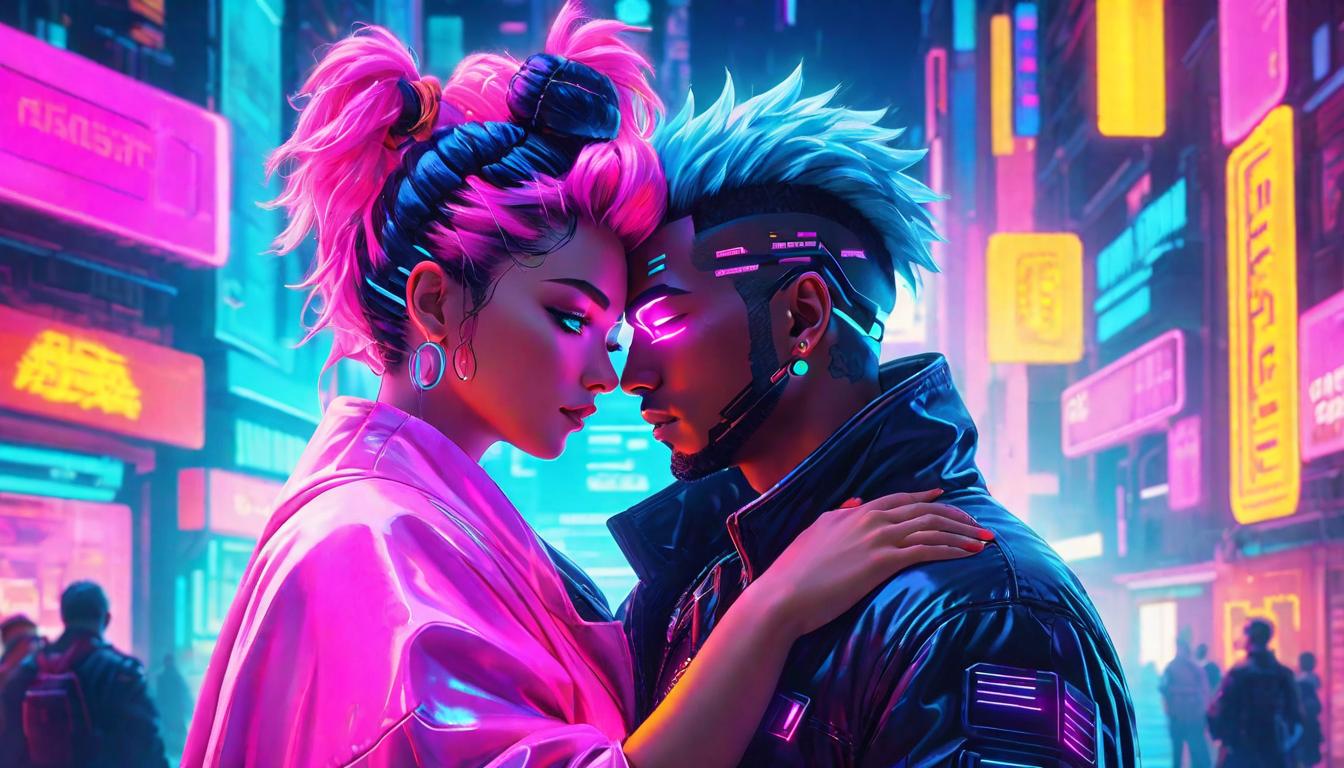  vaporwave,cyberpunk game style Two people enveloped in a warm embrace, one comforting the other, soft glow emanating from the center, feelings of safety and acceptance, protective cocooneon, dystopian, futuristic, digital, vibrant, detailed, high contrast, reminiscent of cyberpunk genre video games,retro aesthetic, cyberpunk, vibrant, neon colors, vintage 80s and 90s style, highly detailed