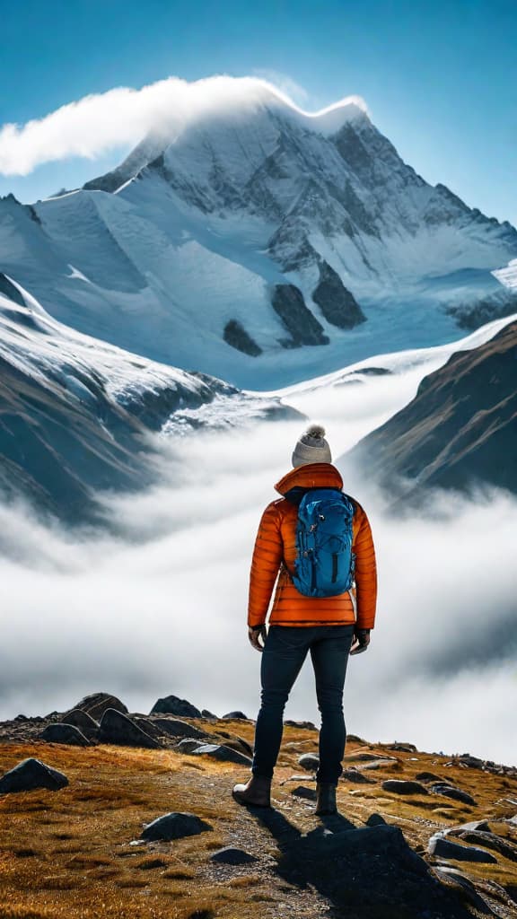  A majestic mountain range with snow capped peaks under a clear blue sky. hyperrealistic, full body, detailed clothing, highly detailed, cinematic lighting, stunningly beautiful, intricate, sharp focus, f/1. 8, 85mm, (centered image composition), (professionally color graded), ((bright soft diffused light)), volumetric fog, trending on instagram, trending on tumblr, HDR 4K, 8K