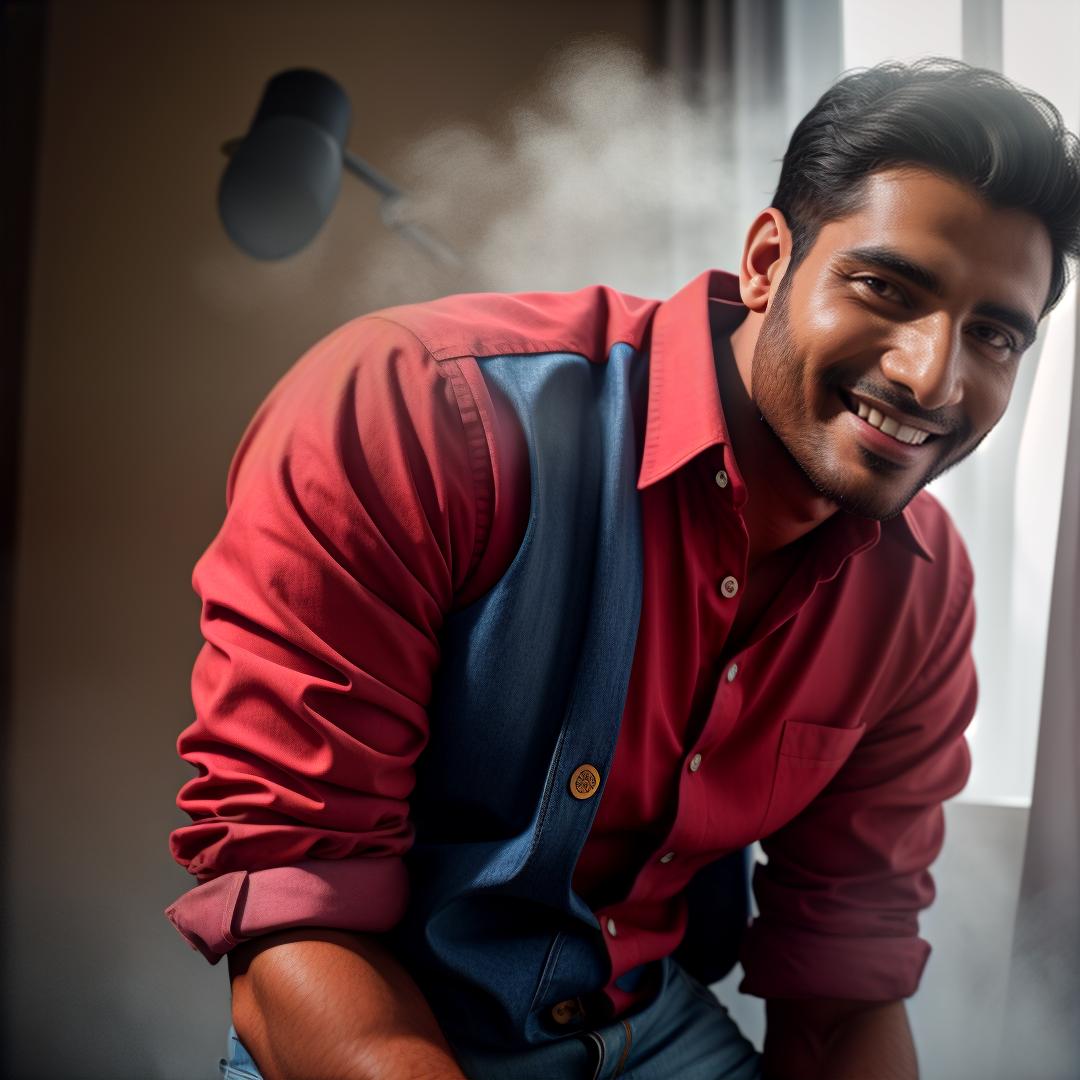  A cheerful man of Indian origins (with brown eyes) who is very skinny wearing jeans and a button up red shirt, portrait, closeup, sharp focus, highly detailed. masterpeice hyperrealistic, full body, detailed clothing, highly detailed, cinematic lighting, stunningly beautiful, intricate, sharp focus, f/1. 8, 85mm, (centered image composition), (professionally color graded), ((bright soft diffused light)), volumetric fog, trending on instagram, trending on tumblr, HDR 4K, 8K