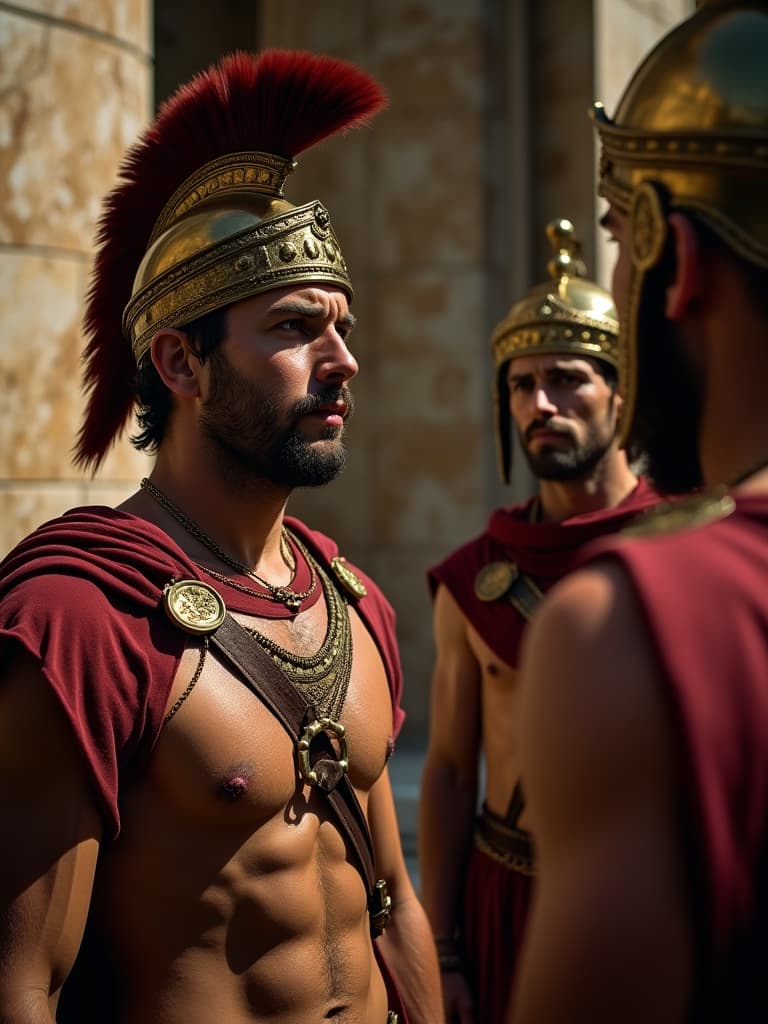  the image captures a pair of roman male patricians, adorned in historically accurate armor and golden jewelry, engaged in a serious discussion about an impending invasion. their expressions convey a mix of severity and concern. this editorial photograph, styled with a cinematic aesthetic reminiscent of an action movie still, uses rollei retro film grain and side lighting from the left to enhance the mystical atmosphere. the scene is set against an emperador marble backdrop, adding to the visual narrative's strong elements.