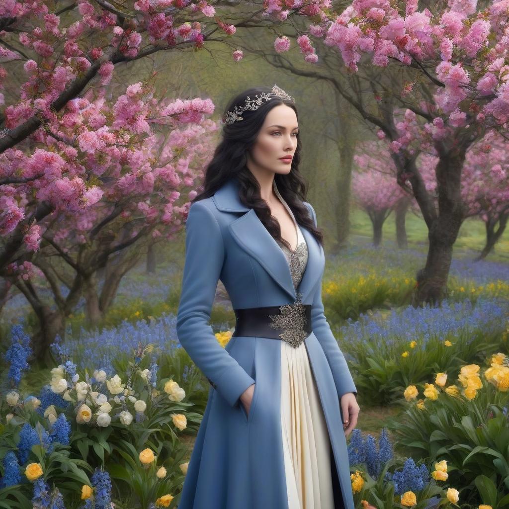  Luthien Tinuviel. A very pretty girl. Grey eyes. Forest, silver crown on her forehead, blue coat. ((Sparkling rim)): spring field, hyacinths, roses, rosehips, rose hips, peonies, cherry tree, yellow, red, black flowers, forget me nots. hyperrealistic, full body, detailed clothing, highly detailed, cinematic lighting, stunningly beautiful, intricate, sharp focus, f/1. 8, 85mm, (centered image composition), (professionally color graded), ((bright soft diffused light)), volumetric fog, trending on instagram, trending on tumblr, HDR 4K, 8K