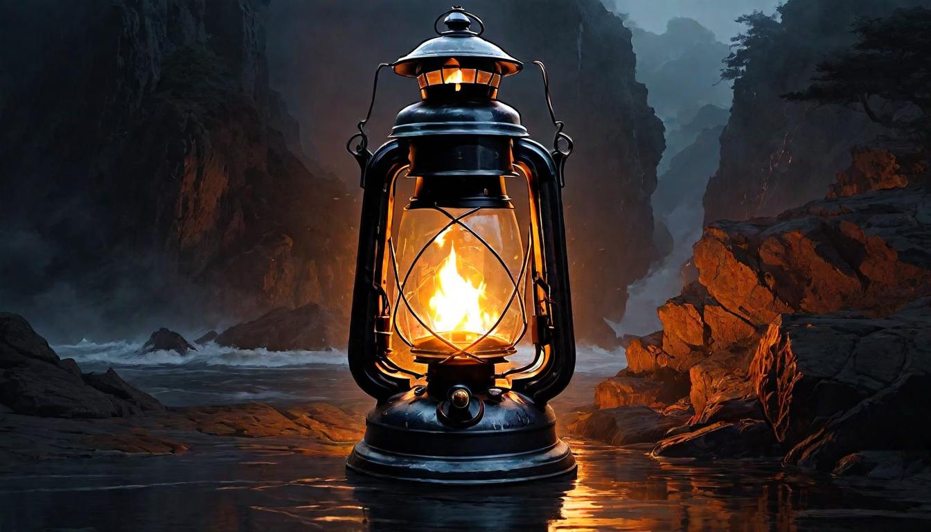  （surrealism)A flickering lantern, small flame dancing unsteadily within, amidst fierce winds, dark surroundings with whispers of figures in the shadows, lantern itself detailed with ornate patterns, delicate yet enduring, fight for survival mystic, intricate details, best quality)