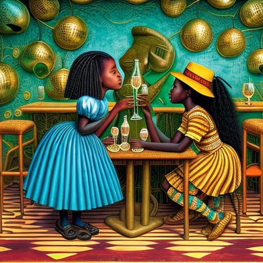  Alice and a African girl kissing at a wild drinking party, stable diffusion, absolute reality v1.6, in the style of jacek yerka,