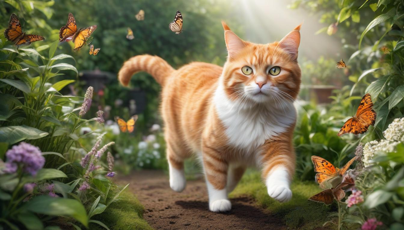  A ginger cat jumps in the garden to catch butterflies. hyperrealistic, full body, detailed clothing, highly detailed, cinematic lighting, stunningly beautiful, intricate, sharp focus, f/1. 8, 85mm, (centered image composition), (professionally color graded), ((bright soft diffused light)), volumetric fog, trending on instagram, trending on tumblr, HDR 4K, 8K