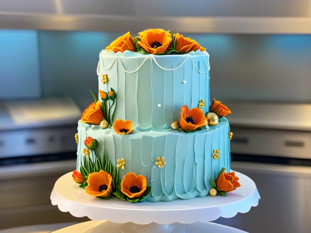  A closeup, ultradetailed image of a perfectly frosted threetiered wedding cake, with intricate piping details, delicate sugar flowers, and shimmering edible gold accents. The cake is displayed on a crystal clear cake stand, set against a soft focus background of a bustling bakery kitchen filled with colorful ingredients and professional baking tools. hyperrealistic, full body, detailed clothing, highly detailed, cinematic lighting, stunningly beautiful, intricate, sharp focus, f/1. 8, 85mm, (centered image composition), (professionally color graded), ((bright soft diffused light)), volumetric fog, trending on instagram, trending on tumblr, HDR 4K, 8K