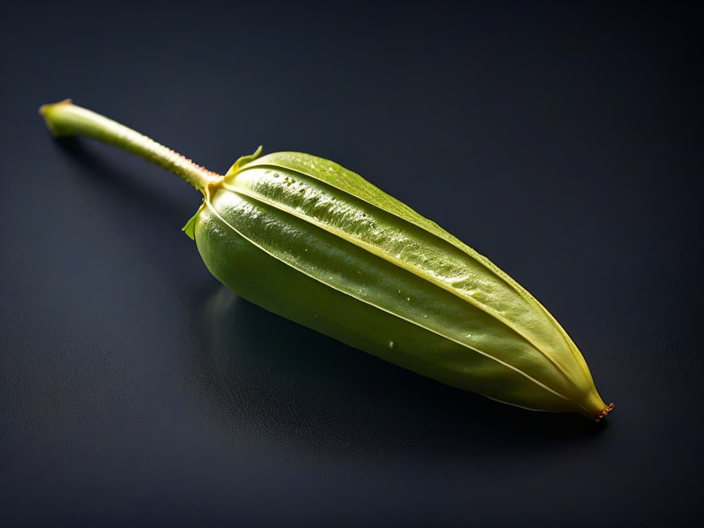  A closeup, ultradetailed image of a delicate vanilla bean pod split open, showcasing its tiny, aromatic seeds against a black background. The intricate details of the pod's texture, the glossy seeds, and the subtle play of light and shadow create a visually captivating and minimalist composition that evokes the essence of natural flavors and ingredients in pastry making. hyperrealistic, full body, detailed clothing, highly detailed, cinematic lighting, stunningly beautiful, intricate, sharp focus, f/1. 8, 85mm, (centered image composition), (professionally color graded), ((bright soft diffused light)), volumetric fog, trending on instagram, trending on tumblr, HDR 4K, 8K