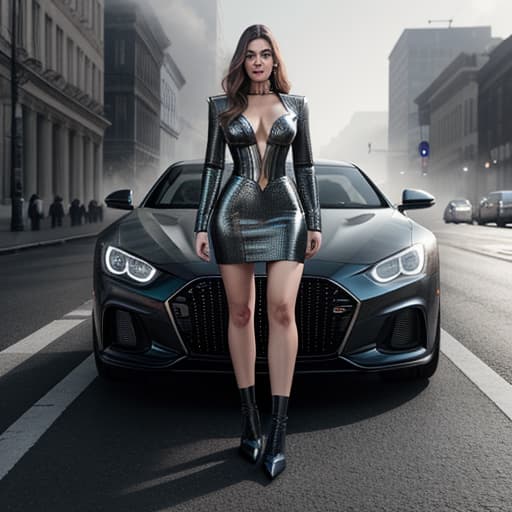  future woman,stand by a car, hyperrealistic, full body, detailed clothing, highly detailed, cinematic lighting, stunningly beautiful, intricate, sharp focus, f/1. 8, 85mm, (centered image composition), (professionally color graded), ((bright soft diffused light)), volumetric fog, trending on instagram, trending on tumblr, HDR 4K, 8K