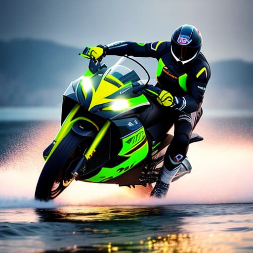  jetski motorcycle rider hyperrealistic, full body, detailed clothing, highly detailed, cinematic lighting, stunningly beautiful, intricate, sharp focus, f/1. 8, 85mm, (centered image composition), (professionally color graded), ((bright soft diffused light)), volumetric fog, trending on instagram, trending on tumblr, HDR 4K, 8K
