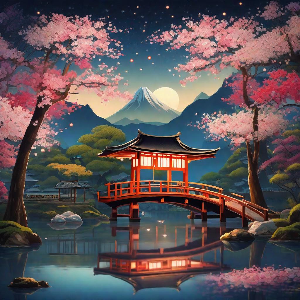  masterpiece, best quality,(fidelity: 1.4), best quality, masterpiece, ultra high resolution, 8k resolution, night view inspired by Japanese art, featuring a garden illuminated by paper lanterns and a wooden bridge spanning a tranquil lake with a small Zen temple by the lake. The water reflects the stars.