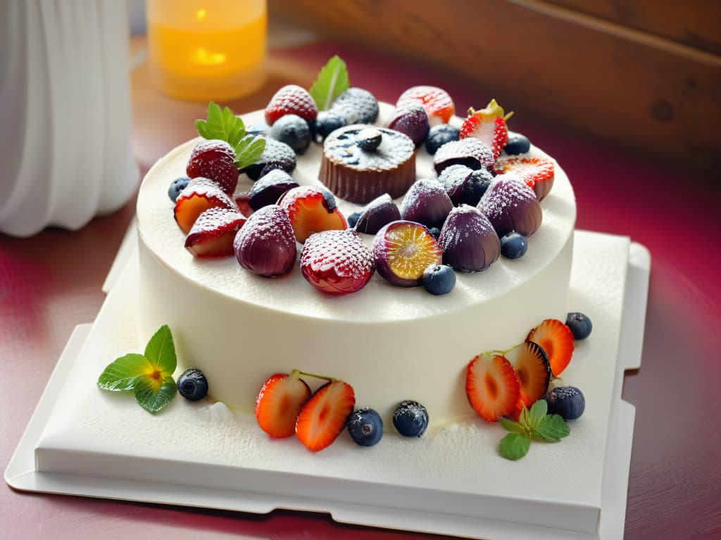  A highresolution, ultradetailed image of a beautifully crafted vegan cake, intricately decorated with vibrant, fresh fruits like berries, figs, and edible flowers. The cake is displayed on a sleek, minimalist white marble platter, creating a visually stunning contrast between the colorful, organic toppings and the clean, elegant backdrop. The lighting is soft and natural, highlighting the textures and colors of the fruits, making this image a captivating representation of contemporary vegan baking trends for 2023. hyperrealistic, full body, detailed clothing, highly detailed, cinematic lighting, stunningly beautiful, intricate, sharp focus, f/1. 8, 85mm, (centered image composition), (professionally color graded), ((bright soft diffused light)), volumetric fog, trending on instagram, trending on tumblr, HDR 4K, 8K