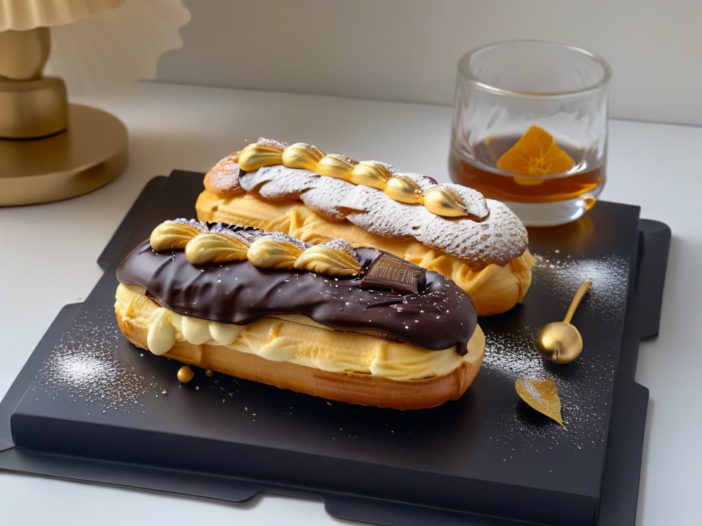  A minimalist, ultradetailed image of a perfectly crafted éclair and choux pastry side by side on a sleek, matte black plate. The éclair is delicately piped with glossy chocolate ganache and topped with a single gold leaf, while the choux pastry glistens with a light dusting of powdered sugar. The pastries are set against a soft, neutral background that enhances their elegant simplicity, with subtle shadows adding depth and dimension to the scene. hyperrealistic, full body, detailed clothing, highly detailed, cinematic lighting, stunningly beautiful, intricate, sharp focus, f/1. 8, 85mm, (centered image composition), (professionally color graded), ((bright soft diffused light)), volumetric fog, trending on instagram, trending on tumblr, HDR 4K, 8K