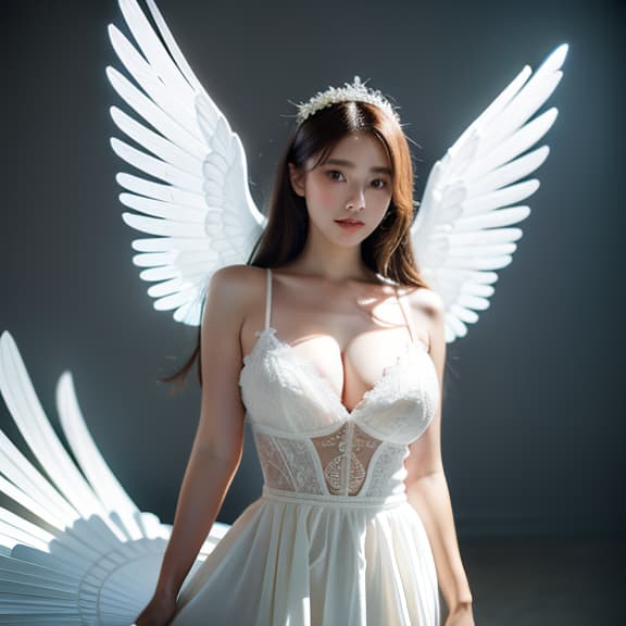 masterpiece, high quality, 4K, HDR BREAK A beautiful, angelic woman with large, voluptuous breasts. BREAK Flowing white dress, golden halo, delicate wings. BREAK Standing gracefully, looking upwards with a serene expression. BREAK Glowing, ethereal background with soft, heavenly light. hyperrealistic, full body, detailed clothing, highly detailed, cinematic lighting, stunningly beautiful, intricate, sharp focus, f/1. 8, 85mm, (centered image composition), (professionally color graded), ((bright soft diffused light)), volumetric fog, trending on instagram, trending on tumblr, HDR 4K, 8K