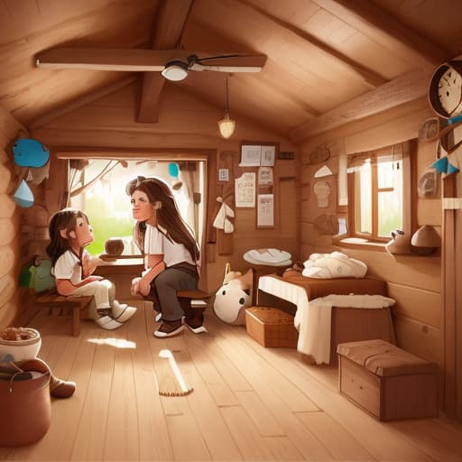  a boy with long brown hair, white shirt, brown pants and borwn shoes is sitting on a bench, in the cabin, a bear standing inside