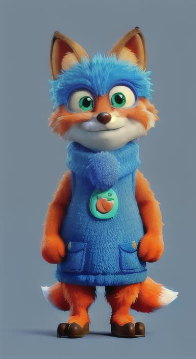  {Error the fox pressing the blue button with his paw, looking puzzled as nothing occurs., Error is a small, bright orange fox with a fluffy tail and big, inquisitive eyes. He has a mischievous yet kind expression and wears a tiny green scarf.