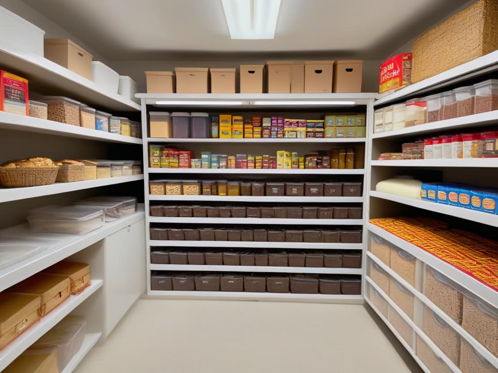  An ultradetailed 8k image of a pristine, organized kitchen pantry filled with neatly arranged shelves of baking supplies such as flour, sugar, chocolate chips, and colorful sprinkles. Each item is meticulously labeled with its name and expiration date, showcasing the epitome of inventory management for bakers. The lighting is soft and natural, emphasizing the cleanliness and efficiency of the space. hyperrealistic, full body, detailed clothing, highly detailed, cinematic lighting, stunningly beautiful, intricate, sharp focus, f/1. 8, 85mm, (centered image composition), (professionally color graded), ((bright soft diffused light)), volumetric fog, trending on instagram, trending on tumblr, HDR 4K, 8K