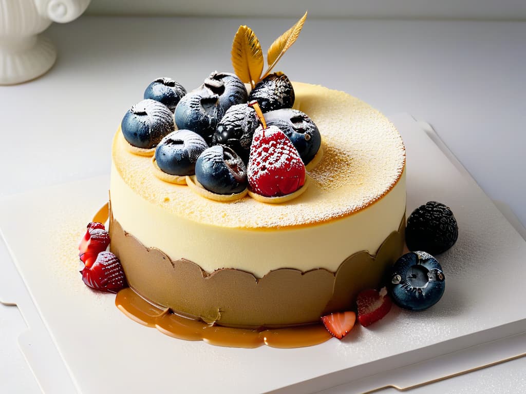  A closeup, ultradetailed image of a perfectly plated dessert in a contemporary style, featuring intricate layers of delicate sponge cake, smooth and glossy ganache, artfully arranged fresh berries, and a dusting of edible gold leaf, all set against a stark white, minimalist background. The dessert is elegantly garnished with a single vibrant mint leaf, adding a pop of color and contrast to the sophisticated composition. The lighting is soft and diffused, highlighting the textures and colors of the dessert, creating a visually striking and mouthwatering image that epitomizes the artistry and elegance of contemporary pastry design. hyperrealistic, full body, detailed clothing, highly detailed, cinematic lighting, stunningly beautiful, intricate, sharp focus, f/1. 8, 85mm, (centered image composition), (professionally color graded), ((bright soft diffused light)), volumetric fog, trending on instagram, trending on tumblr, HDR 4K, 8K