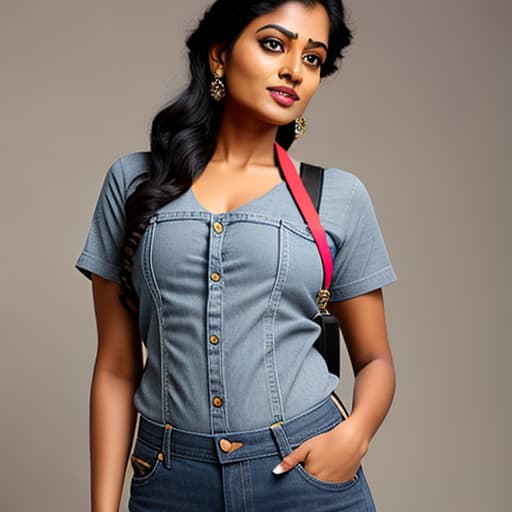  Indian woman in suspenders and grey jeans