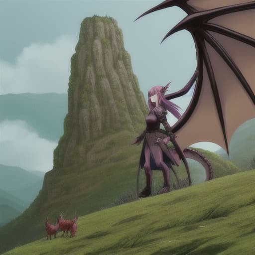  Big dragons on a hill and fantasy with a small girl standing