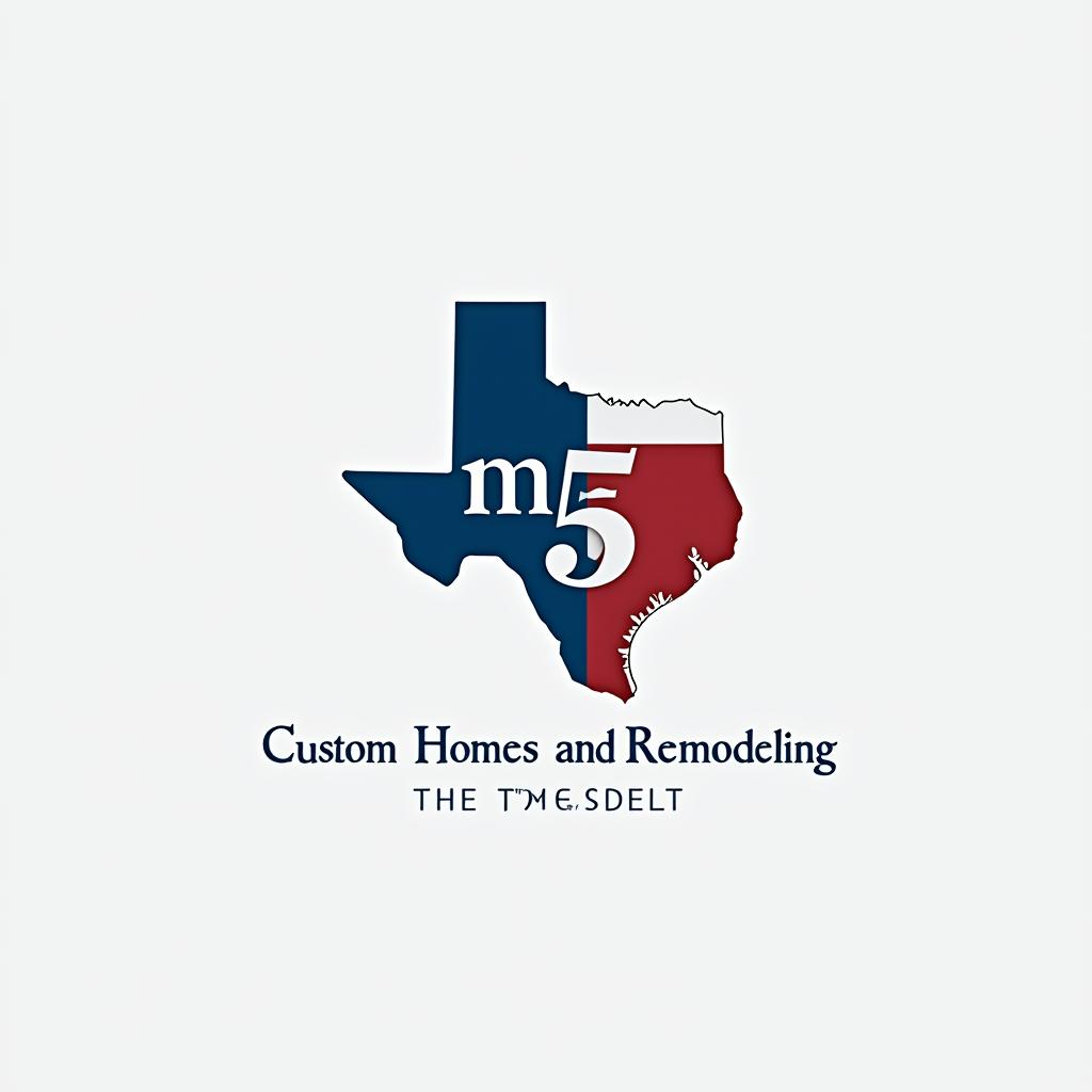  create a minimalist logo featuring the outline of texas. inside the outline, include the letters 'm5' in a bold, modern font: the 'm' in blue, the '5' in red, and a white star. use colors from the texas flag (blue, red, and white) for these elements. add the text 'custom homes and remodeling, llc' elegantly below or around the texas outline in a neutral color, like black or dark blue, to enhance readability while keeping the focus on the central design.