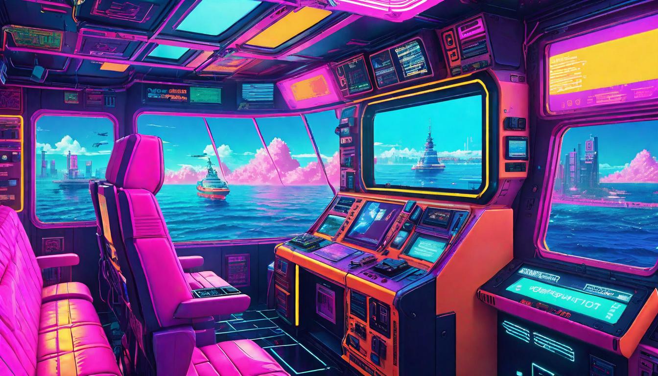  vaporwave,cyberpunk game style A lifeboat navigating through a sea of distractions, focused journey, essential life clutter avoidance, staying true to one's course, uninterrupted by chaoseon, dystopian, futuristic, digital, vibrant, detailed, high contrast, reminiscent of cyberpunk genre video games,retro aesthetic, cyberpunk, vibrant, neon colors, vintage 80s and 90s style, highly detailed